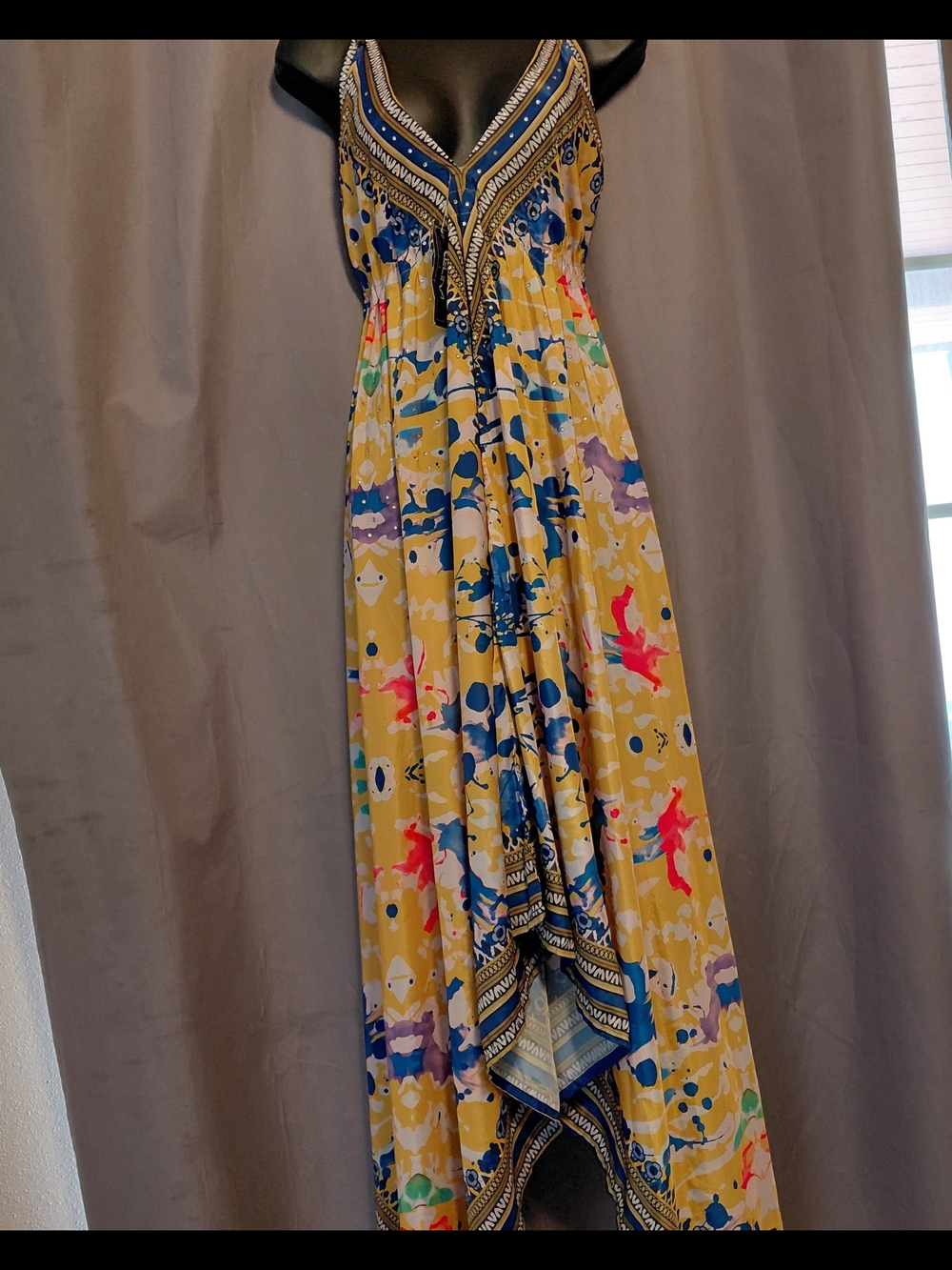 Yellow Printed V-Neck Bohemian Maxi Dress